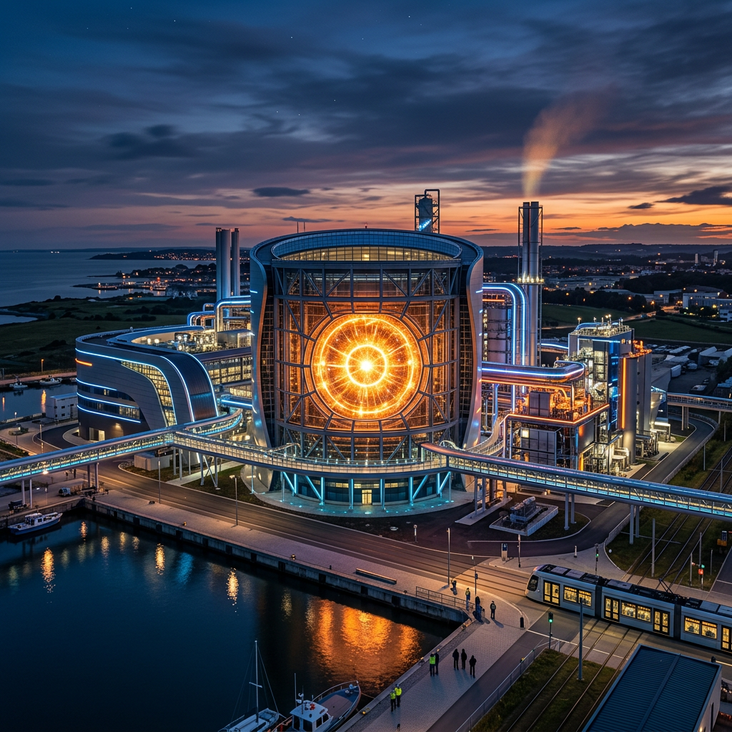 Large industrial energy plant with glowing circular core and illuminated pipes at dusk